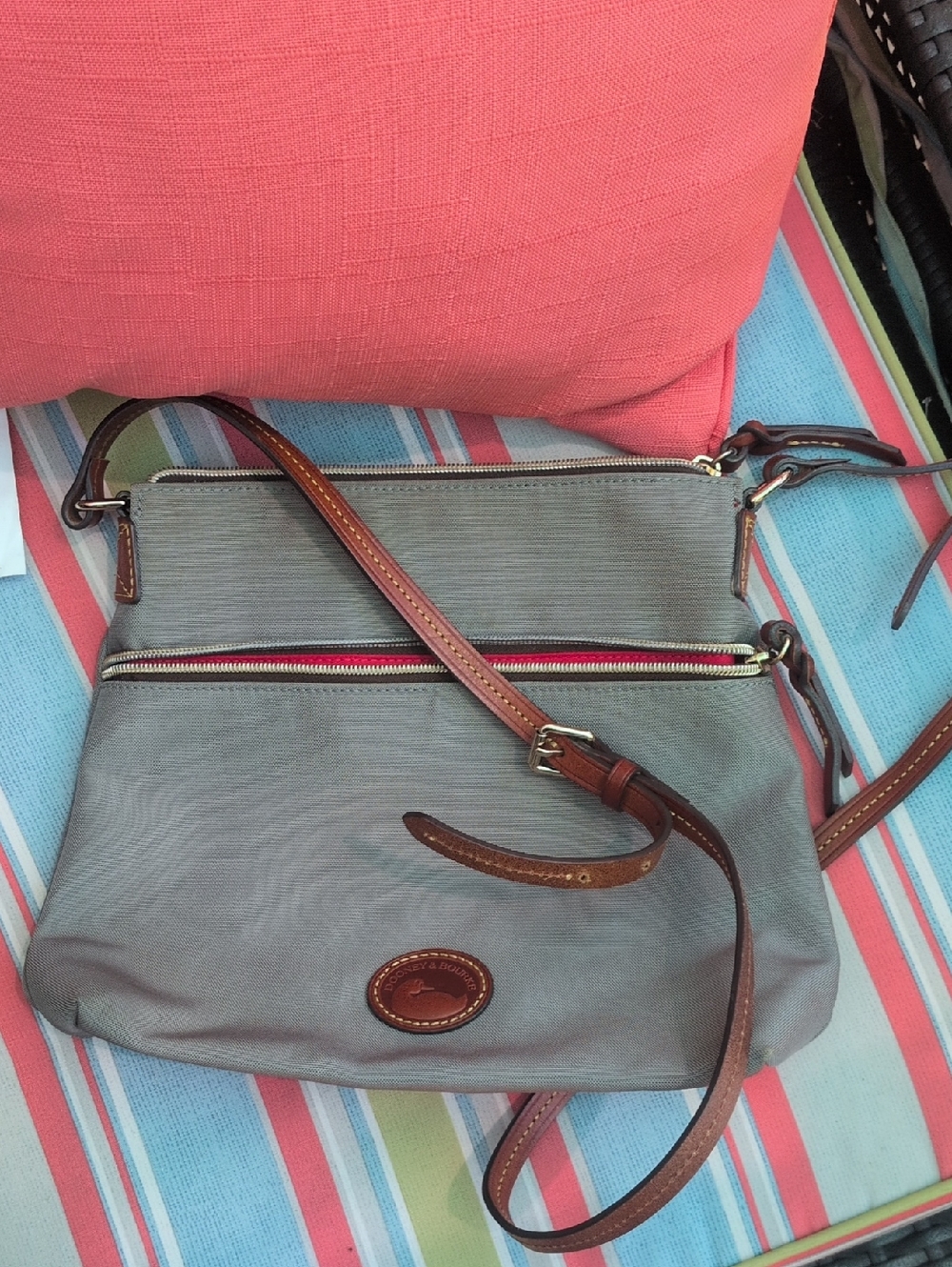 Dooney & Bourke Gray Crossbody Letter Carrier with Brown Leather Trim  Accent
